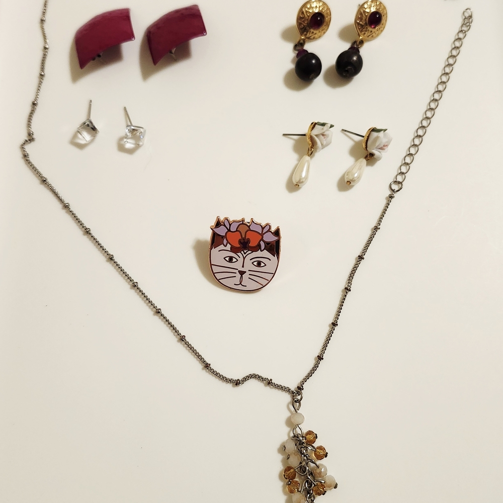 Pink, Silver And White Jewelry Bundle And Cat Pin Like New